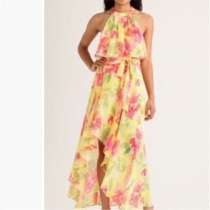 Eliza J Floral Halter Maxi Dress - Pink and Yellow size 16
